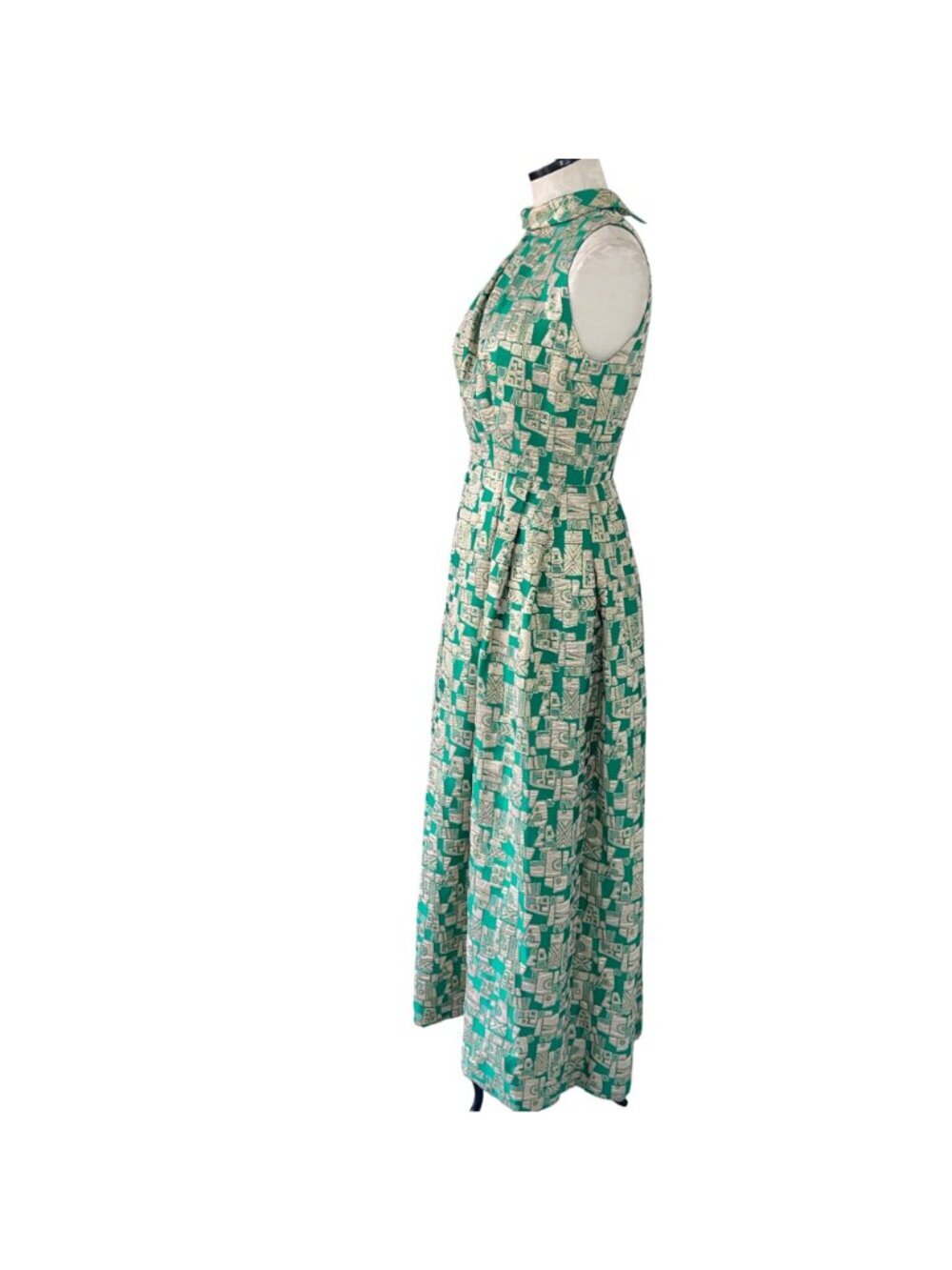Vintage Womens Pleated Maxi Dress Size Small Green Gold Geometric Print Casual - Picture 13 of 16